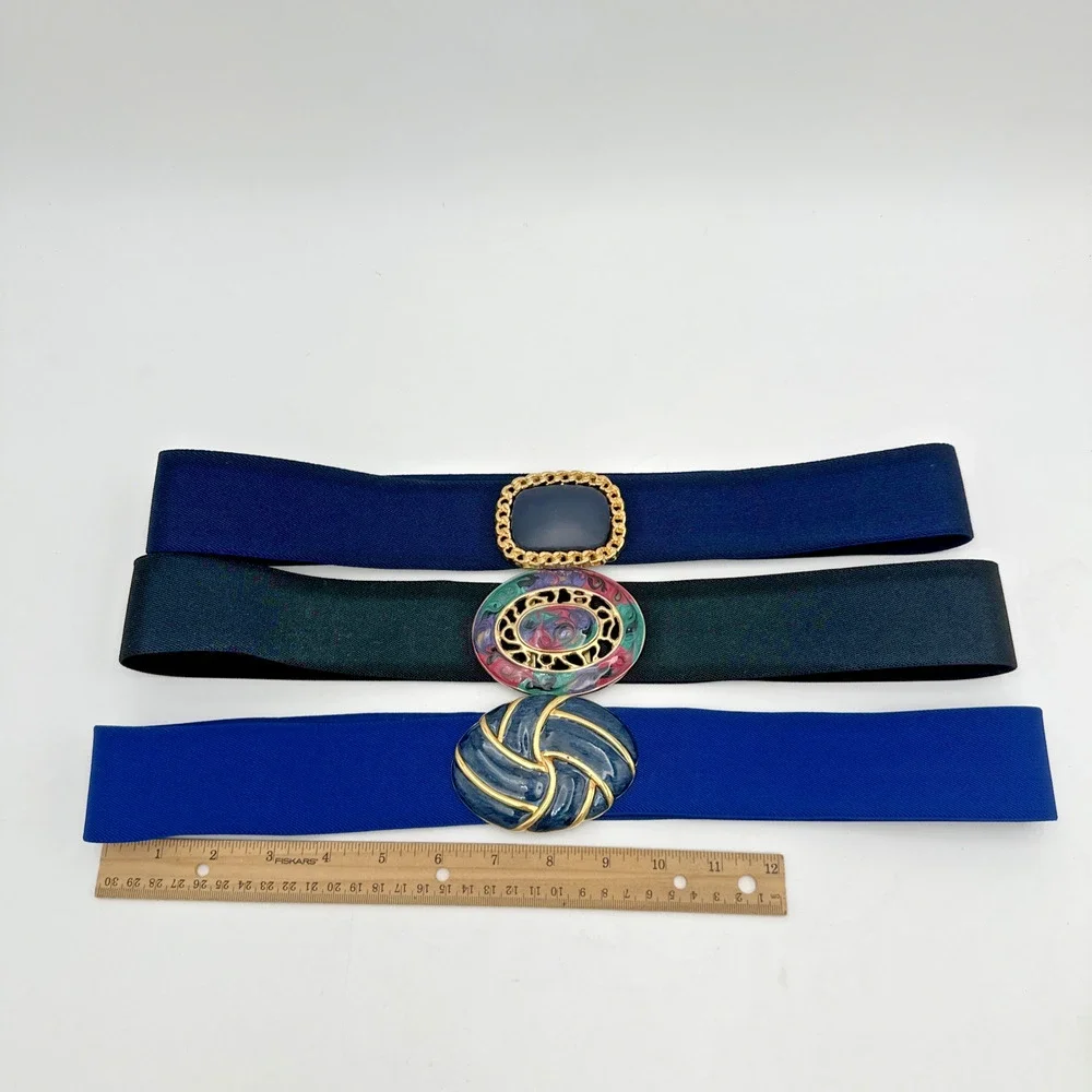 Set Of 3 Vintage 80s Lacquered Gold Tone Buckle Elastic Stretch Belts